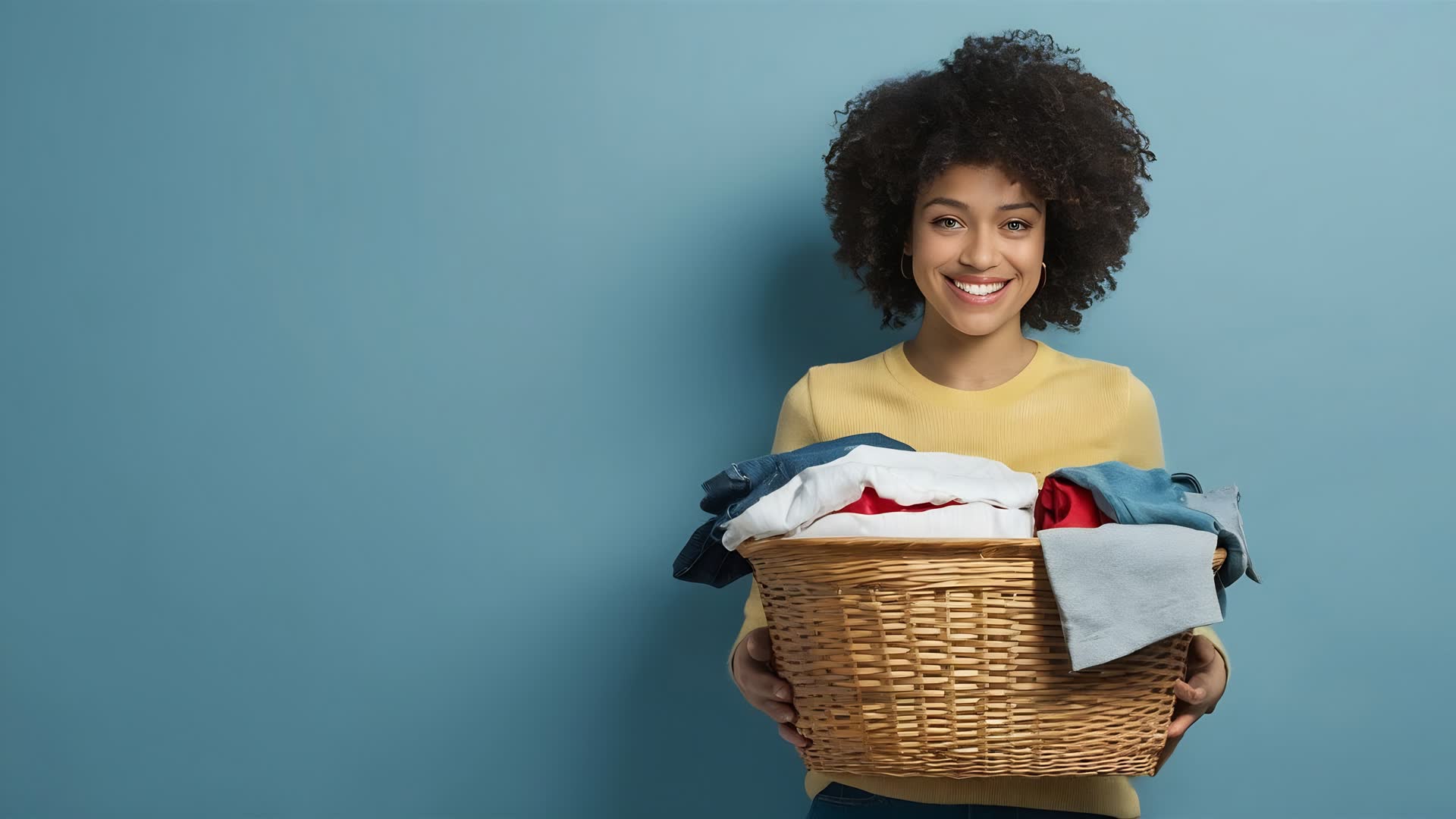 A smiling woman carrying a basket of clean laundry